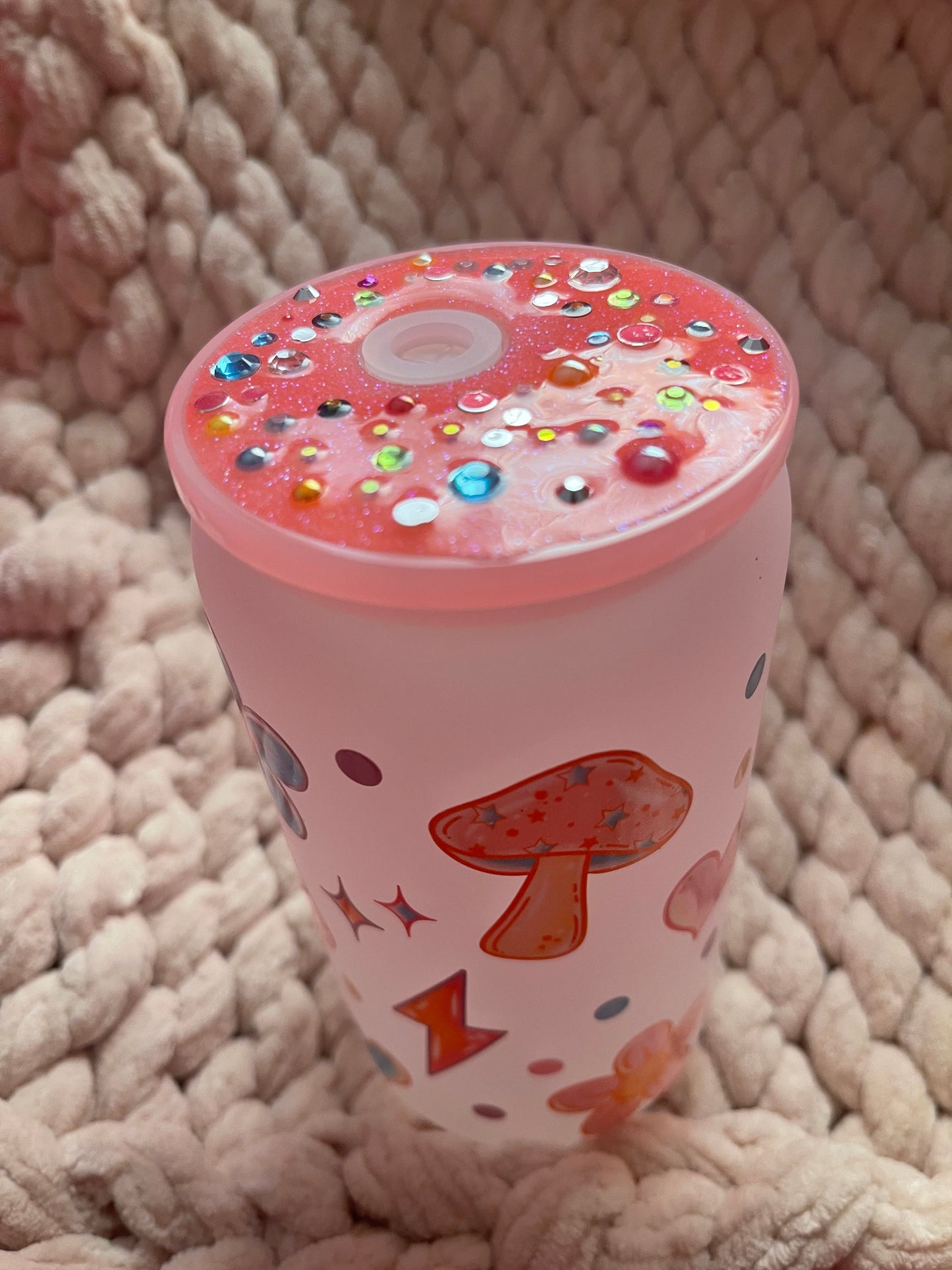 Cute Frosted Glass Cup w/ Decorated Lid