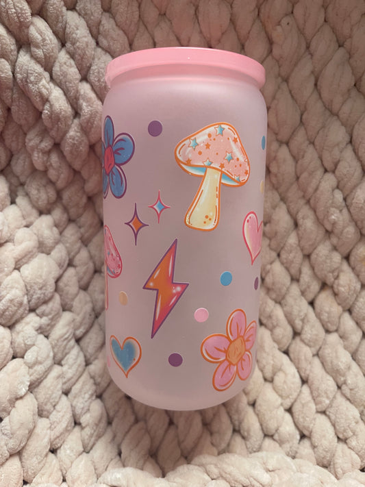 Cute Frosted Glass Cup w/ Decorated Lid
